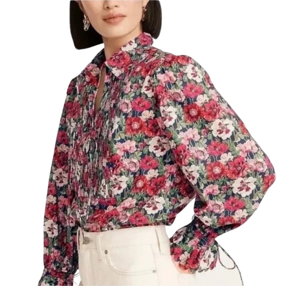 J.Crew Liberty Fabric Poppy Floral Pintuck Blouse Scalloped Collar Red M Amelie